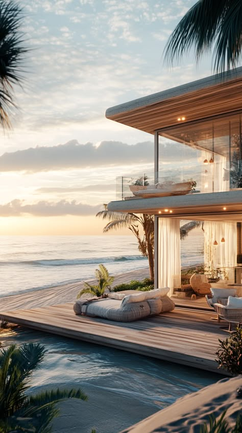 Image description: A trendy beach house with a deck surrounding the ocean. Beach View From House, Modern Beach House Exterior Ocean Views, Resort Mood Board, Ocean Front Property, Action Board, Beach House Exterior, Mcm House, Hawaii Homes, Trendy Beach