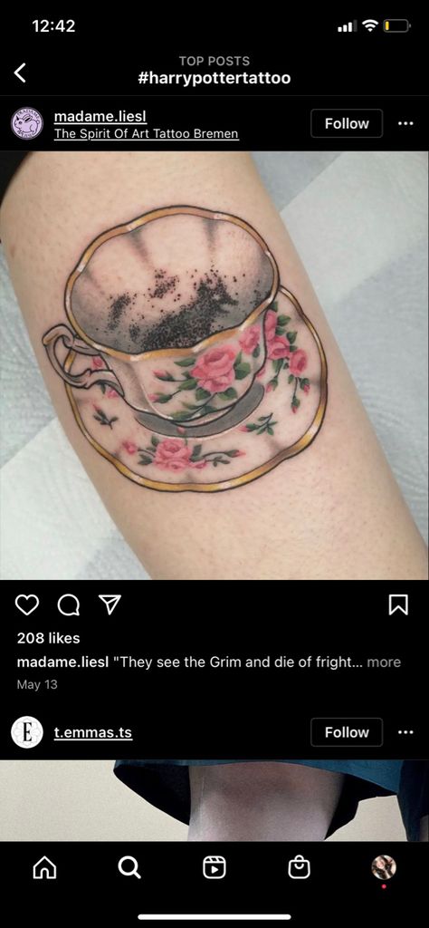 Grim Tea Cup Tattoo, Overflowing Tea Cup Tattoo, Harry Potter Tea Cup Tattoo, Witchy Tea Cup Tattoo, Whiskey In A Teacup Tattoo, Teacup Tattoo Vintage, Tea Leaves Tattoo, Cup Of Tea Tattoo, Coffee Mug Tattoo