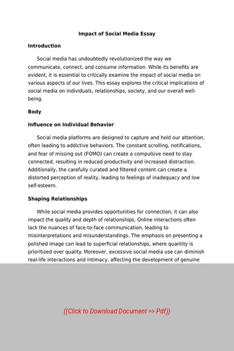 Sample Essay on the Topic:  Impact of Social Media Essay,
Subject: Sociology, Essay Type: None, Word Count: 600 | Visit our site to get full access to the essay document, or to Order a similar essay, plagiarism-free. Follow the link above. Social Media Essay, Impact Of Social Media, Essay Samples, Word Count, Sample Essay, Sociology, The Government, Social Networks, Writing Tips