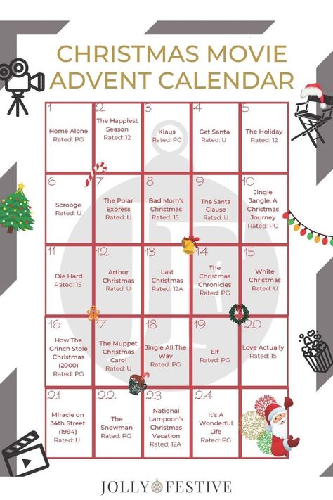 Christmas Film Advent Calendar, Christmas Movies Advent Calendar, Christmas Movies Calendar, Christmas Movie Advent Calendar, Christmas Movie Calendar, Christmas Movie Challenge, Movie Advent Calendar, Advent Calendar Free Printable, Netflix Family Movies