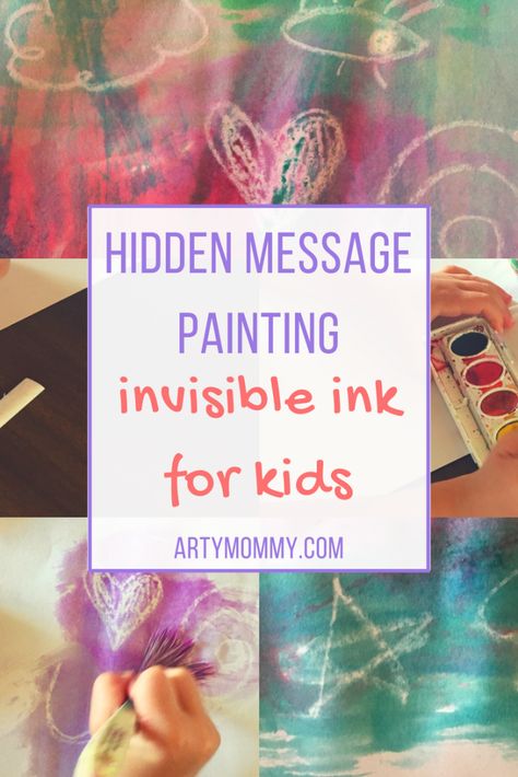 Invisible Art, Hidden Art Theme, Invisible Painting, Diy Invisible Ink, Magic Painting With White Crayon, Kids Mystery Activities, Kids Spy Activities, Invisible Ink For Kids, White Crayon And Watercolor