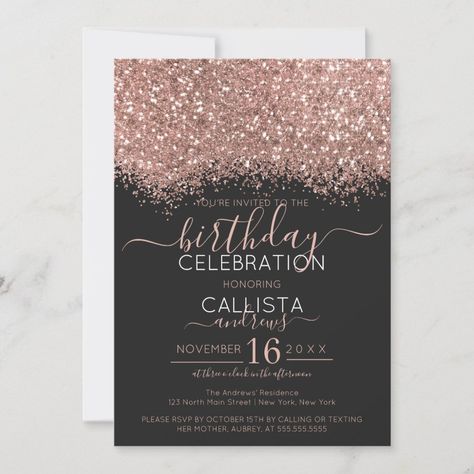 Luxury Rose Gold Black Glitter Confetti Birthday Invitation  Zazzle Contemporary Typography, Modern Bridal Shower, Confetti Birthday, Sweet Sixteen Birthday, Rose Party, Black Invitation, Sweet 16 Invitations, Glitter Confetti, Quinceanera Invitations