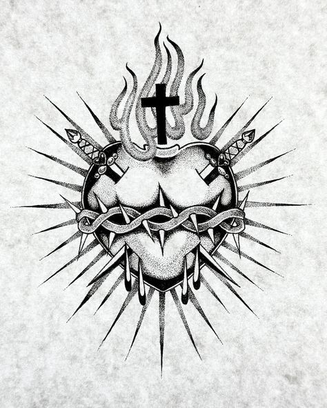 update to a sacred heart design i did that i’m dyin to tattoo (with or without the cross)🫀🔥❤️‍🔥⚔️ could it be yours?? it sure could done with #micronpen on sketch paper Jesus Heart Tattoo, Immaculate Heart Tattoo, Mexican Heart Tattoo, Sacred Heart Drawing, Sacred Heart Tattoo Design, Sacred Heart Design, Rare Tattoo, Tattooing Inks, Sacred Heart Tattoo