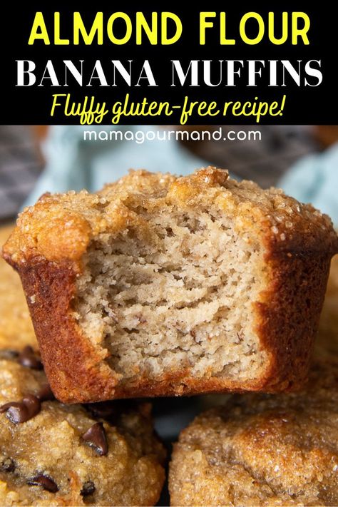 Muffins made with almond flour have a reputation for being dense—but not these fluffy beauties! Easy and quick to make, these almond flour banana muffins bake up moist, fluffy and full of terrific banana flavor. These banana muffins are suitable for a gluten free diet, and perfect for a filling snack or grab-and-go breakfast. Chocolate chips optional. Vegan Almond Flour Banana Muffins, Gluten Banana Muffins, Banana Muffins Almond Flour Recipe, Is Almond Flour Gluten Free, Healthy Banana Nut Muffins Almond Flour, Healthy Muffin Recipes Banana, Ripe Banana Recipes Almond Flour, Almond Flower Banana Muffins, Almond Flour Banana Muffins Easy