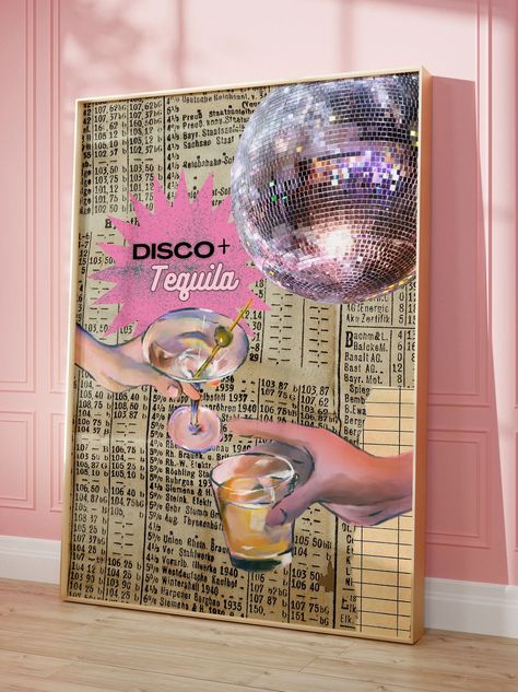 Tequila Wall Art, Pink Disco Aesthetic, Disco And Tequila, Disco Tequila, Bar Cart Aesthetic, Girly Bar Cart, Tequila Poster, Tequila Art, Tequila Print