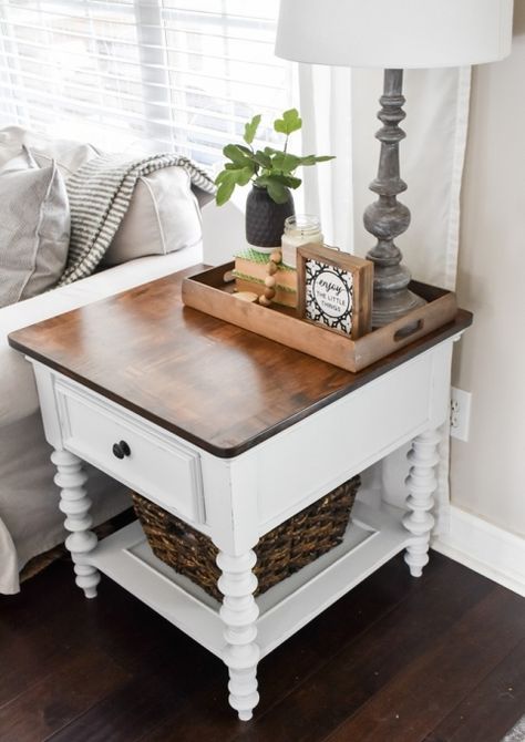 End table makeover with milk paint and stain-9 Ivory Console Table, White End Tables With Wood Top, Cottage End Tables, Redoing Side Tables Ideas, Two Tone End Tables, Refurbished Queen Anne End Tables, Wood End Table Makeover, End Table Refurbish, Two Toned End Tables