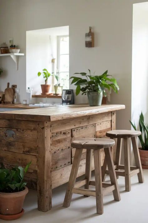 Rustic wooden kitchen island with stools, surrounded by potted plants in a bright, airy space. Modern Design Ideas, Island Stools, Cozy Breakfast, Stools For Kitchen Island, Wooden Bar Stools, Versatile Furniture, Island With Seating, Counter Height Bar Stools, Modern Bar Stools