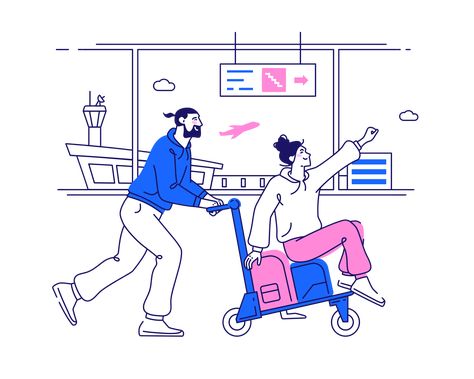 Traveller Illustration, Airport Trolley, Airport Illustration, Trip Illustration, Trip Couple, Vacation Illustration, Vacation Clipart, Couple Adventure, Illustration Poses