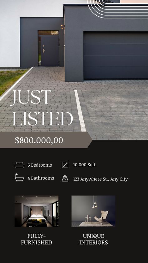 Dark Elegant Minimalist Just Listed Real Estate Instagram Story Canva Template #goodwarestd #canva #luoffa #template Real Estate Instagram Post Design, Real Estate Stories Ideas, New Listing Real Estate Post, Real Estate Story Ideas, Real Estate Instagram Posts Ideas, Luxury Real Estate Branding, Real Estate Stories, Real Estate Instagram Stories, Just Listed Real Estate