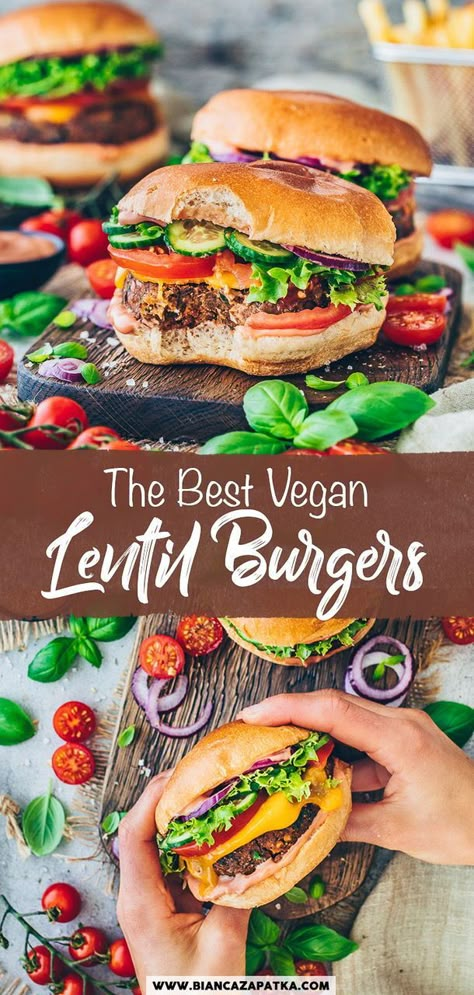 These delicious Veggie Burgers are easy to make with protein-rich lentil patties made with healthy ingredients! They have a classic burger flavor and pair well with any toppings – Just like the McDonalds Clubhouse Veggie Burger or the new McPlant, but homemade, healthier and 100% vegan! Sweet Potato Lentil Burger, Easy Vegetarian Burgers, Lentil Oat Burgers, Lentil Walnut Burger, Low Carb Veggie Burger, Lentils Burger Recipe, Vegan Patty Recipe, Diy Veggie Burgers, Plant Based Burgers Recipes