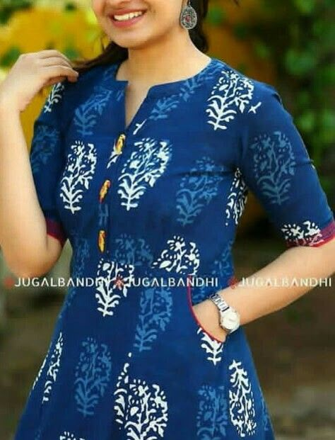 Chudithar Front Neck Designs Cotton, Cotton Kurthis Models, Chudidar Neck Designs Latest Cotton, Chudithar Neck Designs Cotton Simple, Indigo Kurti Designs Latest, Chudidar Neck Designs Latest Pattern, Cotton Kurti Neck Designs Latest Fashion, Cotton Kurti Pattern, Cotton Kurti Neck Designs