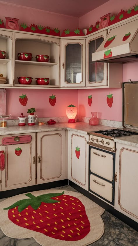 12 Strawberry Themed Kitchens That Inspire – Chic Nest Haven 70s Theme Kitchen, Fun Kitchen Design, Vintage Strawberry Kitchen, Strawberry Shortcake Kitchen, Red And Pink Decor, Red Room Decor Aesthetic, Creative Room Decor Ideas, Pink And Red Aesthetic, Kitchen Theme Ideas