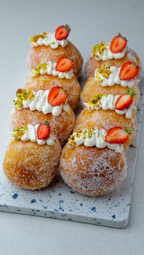 Strawberry Pistachio Donuts — Bread Bake Beyond Donut Photography, Muffin Ideas, Strawberry Pistachio, Brioche Donuts, Awesome Desserts, Christmas Donuts, Sweet Foods, Strawberry Donuts, Pistachio Cream