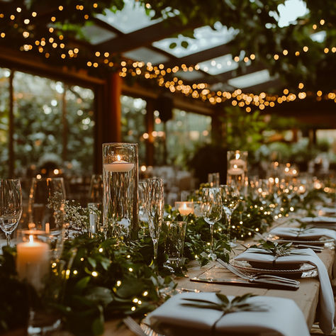 Set the scene for a magical evening with an outdoor wedding reception beneath a canopy of twinkling fairy lights. This setup features a long banquet-style table, lush greenery garlands, and elegant candlelight for a cozy, romantic ambiance. Ideal for forest or garden weddings, this decor brings a warm glow that complements any natural setting beautifully. Save this idea for the ultimate enchanting outdoor wedding inspiration! #OutdoorWedding #FairyLights #RusticElegance #GardenWedding Candle Lit Backyard Wedding, Fairy Light Reception Decor, Fairy Lights Wedding Tent, Greenery Lights Wedding, Whimsical Wedding Reception Indoors, Fairy Theme Wedding Decoration, Wedding Reception With Greenery, Cave Wedding Reception, Forest Wedding Candles