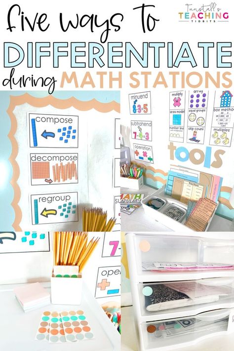 This post shares five ways to differentiate during math stations including Response to Invention and Tier 1, Tier 2, and Teir 3 learners. 2nd Grade Stations, 1st Grade Math Stations, 2nd Grade Math Classroom, Math Centers 2nd Grade Work Stations, Math Stations 3rd Grade, Math Stations 2nd, Maths Stations, Math Stations 5th Grade, 2nd Grade Math Centers