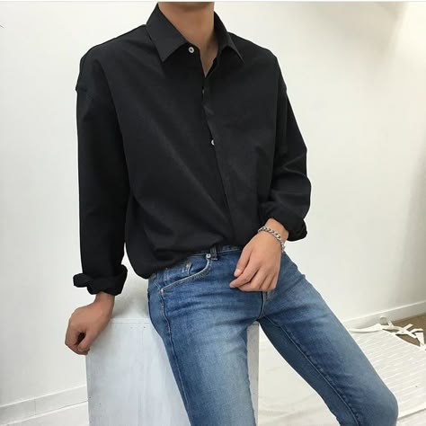 Black Shirt With Jeans Outfit Men, Black Shirt With Jeans, Korean Boy Outfit, Fluffy Boy Hair, Boy Closet, Manly Fashion, Jeans Outfit Men, Outfit For Boys, Trending Hair