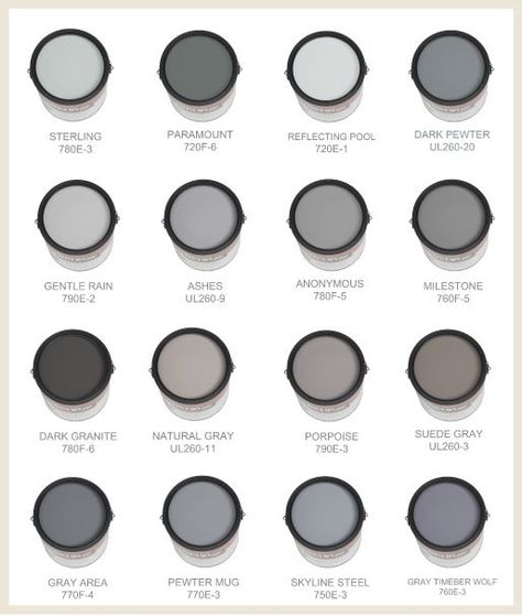 Gray Paint Scheme Behr Silver Gray Paint Colors, Silver Drop Behr Paint Color Schemes, Valspar Grey Brook Paint, Shades Of Gray Paint, Sherwin Williams Popular Gray 6071, Behr Gray, Sherwin Williams Passive Gray Coordinating Colors, Decorating Rooms, Interior Paint Colors Schemes