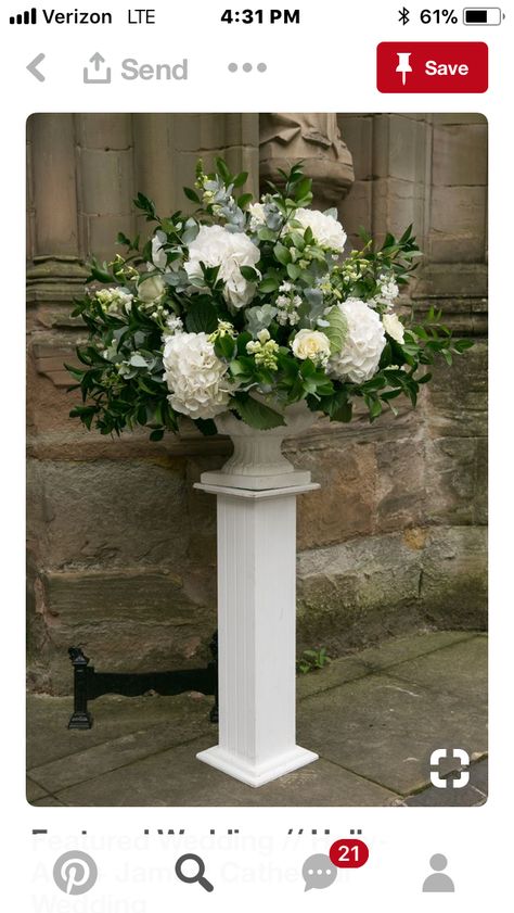 Greenery Floral Arrangement, Wedding Columns, Alter Flowers, Church Wedding Flowers, White Floral Arrangements, Altar Arrangement, Large Floral Arrangements, Altar Flowers, Large Flower Arrangements