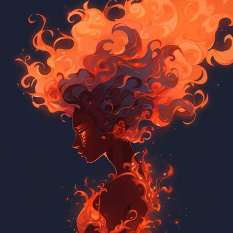 Magma Hair Drawing, Fire Spirit Art, Flame Hair Design, Fire Reference, Fire Queen, Fire Witch Drawing, Fire Elemental Character Design, Fire Hair Art, Flame Hair Character Design