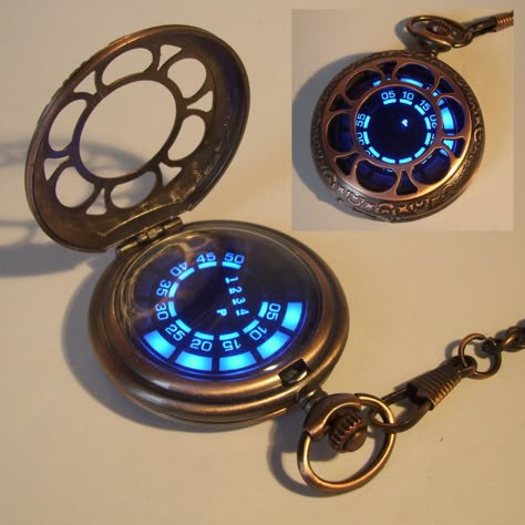 Rose copper pocket watch with a futuristic LED display.  I love this one because it looks as good closed as open. https://www.etsy.com/uk/shop/ScatterBrainEmporium Futuristic Items, Digital Pocket Watch, Handbags Luxury, Steampunk Accessories, Magical Jewelry, Gadgets And Gizmos, Pocket Watches, Futuristic Technology, Cool Inventions