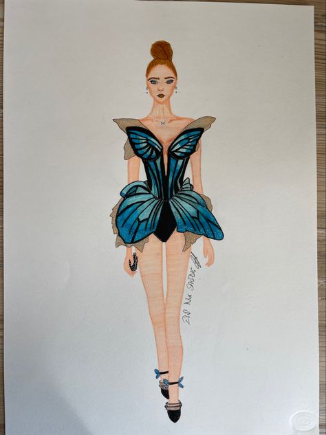 Butterfly Dress Illustration, Butterfly Dress Drawing, Butterfly Dress Design, Lon Bia, Lace Blouse Design, Floral Print Gowns, Fashion Illustration Tutorial, Fashion Illustration Collage, Christmas Canvas Art