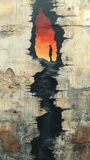 ↑↑↑ Larger size on website 🔸 The image depicts a large crack in a concrete wall, painted black. The crack reveals a glimpse of a Silhouette Of A Person, Person Silhouette, Cracked Wall, Break Wall, Watching The Sunset, Sunset Landscape, Wall Ideas, Concrete Wall, The Landscape