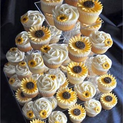 Sun Flower Wedding Theme, Cupcakes Sunflower, Rustic Grad Party, Wedding Dessert Bar Ideas, Flower Wedding Theme, Square Cupcake Stand, Tiered Cupcake Stand, Sunflower Weddings, 30th Anniversary Party