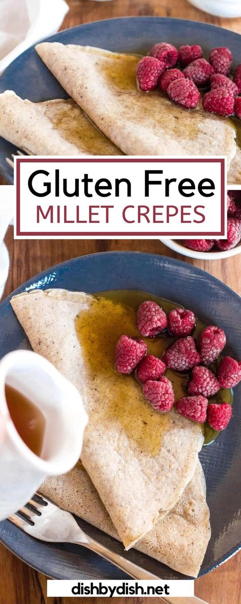 These delicious millet crepes come together easily and are a cinch to make! Perfect for filling with berries and drizzling with maple syrup for breakfast or dessert, or feel free to eat them as a savory meal for brunch. This millet crepe recipe is totally gluten-free and dairy-free too, but no one would care! Breakfast Millet, Overnight Millet, Millet Desserts, Millet Pancakes, Millet Flour Recipes, Millet Recipes Breakfast, Gluten Free Overnight Oats, Gluten Free Recipes For Kids, Millet Recipes