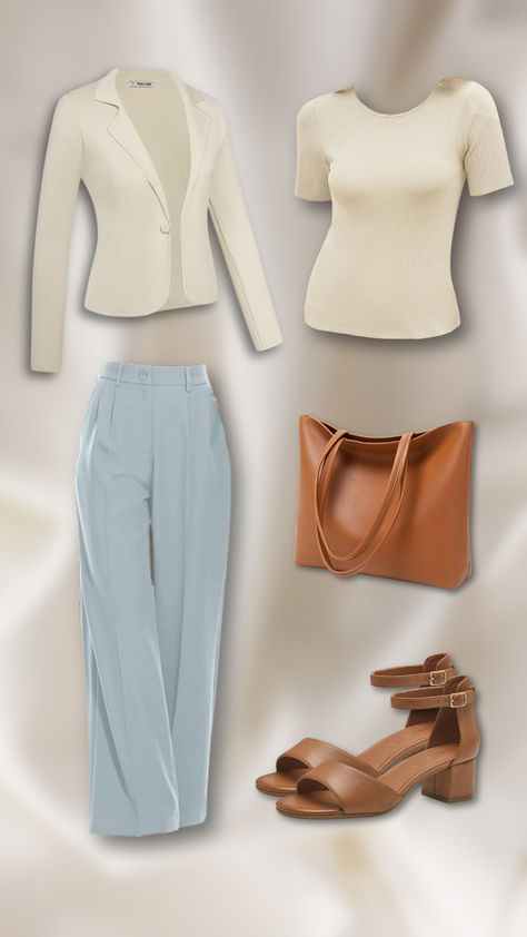 She wears a chic and sophisticated outfit perfect for both professional and casual settings. Her ensemble features a stylish cream blazer paired with a soft, ribbed cream top, creating a cohesive and elegant look. The light blue high-waisted pants add a pop of color and a tailored finish to the outfit. To complete her ensemble, she accessorizes with a tan leather tote bag and matching tan ankle strap heels, combining style and practicality seamlessly. Light Blue Pants, Tan Leather Tote, Cream Blazer, Tan Bag, Cream Top, Office Outfit, Cream Tops, Ribbed Top, Top Light