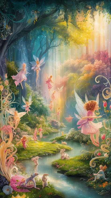 Immerse yourself in a magical realm with this enchanting fairy tale wallpaper. A vibrant forest comes alive with delicate fairies, shimmering wings, and playful woodland creatures. The serene brook and lush greenery evoke dreamy Impressionist hues, combined with intricate Art Nouveau patterns and surreal details. Perfect for nature lovers seeking a whimsical escape, this stunning wallpaper brings nostalgia and wonder to any space. Fairy Tale Wallpaper, Fairytale Wallpaper, Magical Wallpaper, Whimsical Wallpaper, Garden Forest, Fairy Tale Forest, Animal Print Background, Fairy Wallpaper, Fairy Tale Illustration