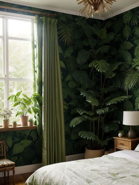 Create a mesmerizing rainforest aesthetic in your bedroom with leafy green wallpaper and tropical plants in vibrant pots. Hang a bamboo curtain over your bed and add string lights shaped like exotic animals for a touch of whimsy. Rainforest Bedroom, Rainforest Aesthetic, Exotic Wallpaper, Tropical Aesthetic, Bamboo Curtains, Jungle Room, Exotic Animals, Wallpaper Bedroom, Green Wallpaper