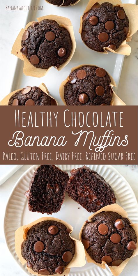 Chocolate muffins Paleo Chocolate Banana Muffins, Vegan Gf Banana Muffins, Gluten Free Dairy Free Egg Free Muffins, Flourless Breakfast Muffins, Dairy And Grain Free Recipes, Grain Free Banana Muffins, Gluten Free Dairy Free Sugar Free Meals, Healthy Dessert Recipes Banana, Gluten Free Chocolate Banana Muffins