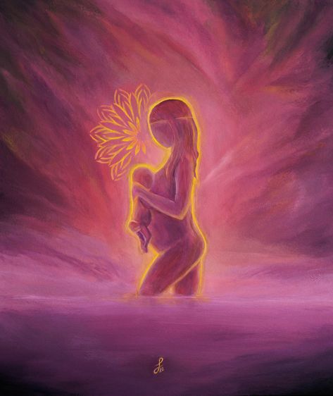 Mother with her newborn baby.  A new mom with a pregnancy belly, divinely connected to her kin.  A beautiful gift for a baby shower or simply to congratulate a hard-working mama.  Breastfeeding in her goddess form, giving infinite love to her little babe.  Spiritual Motherhood Original Art, aligned with Spiritual Awakening and the Inner Goddess.  The original is a medium size acrylic painting on canvas that glows in the dark.  Chakra balancing, higher self, divinity, simple spiritual art New Mom Painting Ideas, Pregnant Spiritual Art, Divine Mother Art, Motherhood Art Abstract, Motherhood Painting Abstract, Baby Girl Manifestation, Spiritual Nursery, Spiritual Art Drawings, Breastfeeding Painting