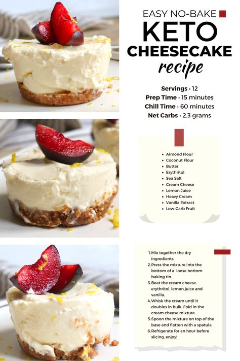 This no bake keto cheesecake recipe has a rich, creamy flavor and silky texture. It's so easy to make with just 15 minutes of prep, and the hardest part is waiting for it to set! No Bake Keto Cheesecake, Best Keto Cheesecake Recipe, Keto No Bake Cheesecake, Easy Keto Recipes For Beginners, Easy Low Carb Meals, Cheesecake Toppings, Keto Recipes For Beginners, Low Carb Fruit, Low Carb Cheesecake