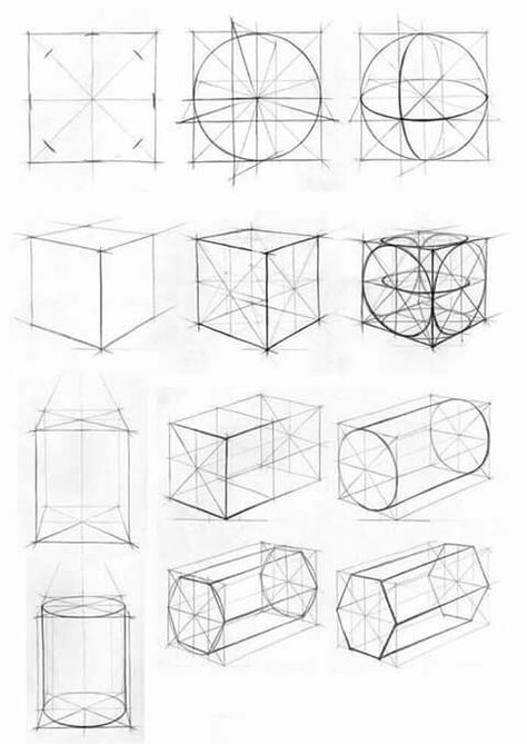 Perspective Art Exercises, Shape Drawing Exercises, Volume Art Drawings, Architecture Exercises, Shapes Perspective, Pencil Drawing Techniques, Colour Pencil Drawing, Geometric Shapes Drawing, Basic Sketching