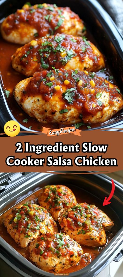 Simplify your dinner routine with 2 Ingredient Slow Cooker Salsa Chicken. Just place chicken breasts in a slow cooker, pour over your favorite salsa, and let it do the work. The result is incredibly tender chicken that's bursting with flavor, perfect for tacos, bowls, or salads. It's the ultimate set-it-and-forget-it meal for busy evenings. #SalsaChicken #SlowCookerMeals #EasyRecipes Chicken And Salsa Crockpot Recipes, Chicken Salsa Crockpot, Chicken And Salsa Recipe, Crock Pot Salsa Chicken, Crockpot Salsa Chicken, Salsa Chicken Recipe, Salsa Chicken Crockpot, Slow Cooker Chicken Fajitas, Slow Cooker Salsa Chicken