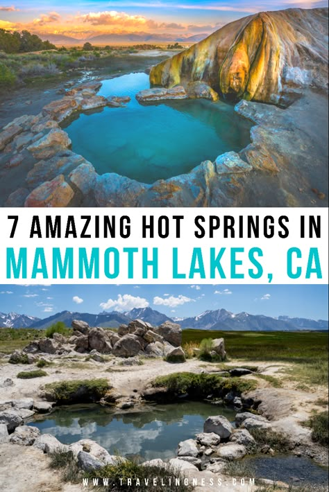 Two different and stunning hot spring pools that are steamy warm to dip into near Mammoth Lakes, California. Mammoth Hot Springs California, Hwy 395 Road Trip, Mammoth Lakes California Summer, Hot Springs California, California Hot Springs, Mammoth California, Natural Hot Spring, Mammoth Hot Springs, Mammoth Lakes California