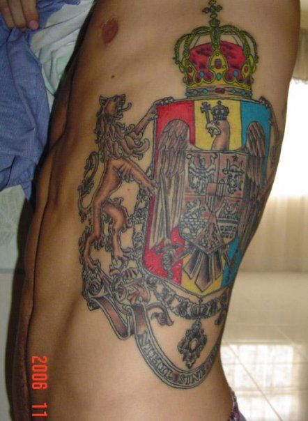 Romanian coat of arms tattoo on side #tattoo #tattoos #ink #family #crest #coatofarms #heraldry #genealogy #shield Romanian Tattoo, Coat Of Arms Tattoo, Crest Tattoo, Roman Tattoo, Pirate Tattoo, Ancient Tattoo, Full Body Tattoo, Side Tattoos, Call Art