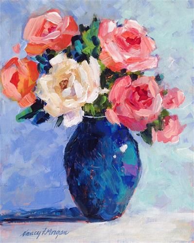 Blue Vase Painting, Bouquet Painting Acrylic, Flowers Bouquet Painting, Flower Bouquet Painting, Pink And White Roses, Bouquet Painting, Acrylic Painting Flowers, Daily Painting, Nature Art Painting