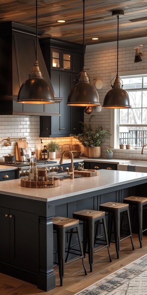 Top 28 Breathtaking Rustic Black Kitchen Designs Rustic Black Kitchen, Black Kitchen Design Ideas, Masculine Kitchen, Black Kitchen Design, Moody Kitchen, Industrial Kitchen Design, Black Kitchen Island, Rustic Modern Kitchen, Kitchen Inspiration Design