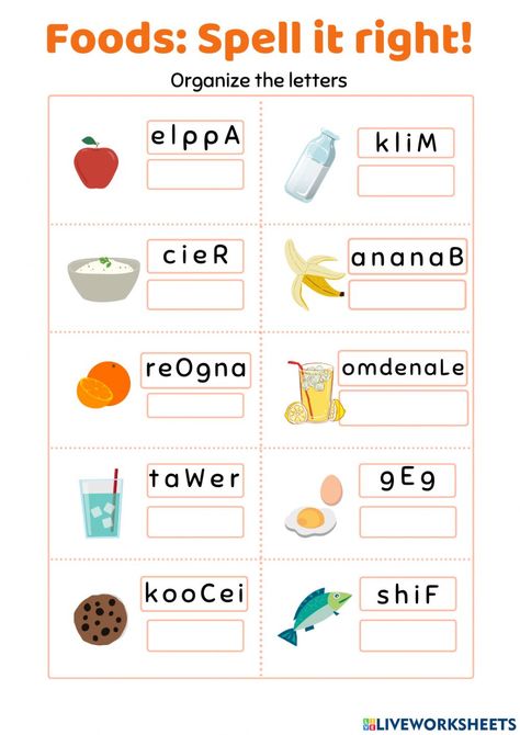 Food Worksheets For Kids, Preschool Exercise, Puzzle Food, English Worksheets For Kindergarten, Spelling Worksheets, Kids Worksheets Preschool, Listening Comprehension, Spelling Activities, Letter Worksheets