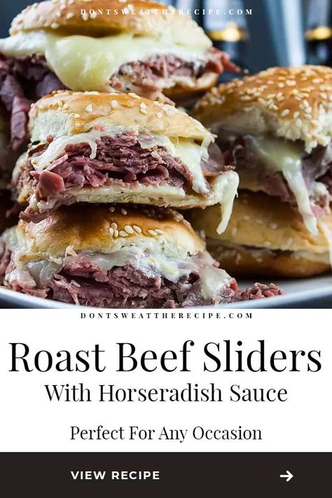 The best sliders EVER! A creamy spicy horseradish sauce, layered with thinly sliced roast beef covered with gooey, melty cheese in a hand size toasty bun. #sliders #recipe Roast Beef Slices Ideas, Roast Beef Sammies, Roast Beef Sliders With Horseradish Sauce, Roast Beef Deli Recipes, Roast Beef Sliders With Horseradish, Roast Beef And Horseradish Sandwich, Roast Beef Horseradish Sandwich, Grilled Roast Beef Sandwich, Recipes With Deli Roast Beef