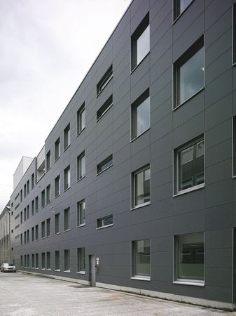 Natura Media Building Gray Sides II | by JZavoda Grey Building Exterior, Grey Commercial Building, Grey Building Aesthetic, Grey Exterior Wall Tiles Texture, Stucco Facade, Industrial Building Facade, Administration Building Facade, Commercial Exterior, Modern Siding