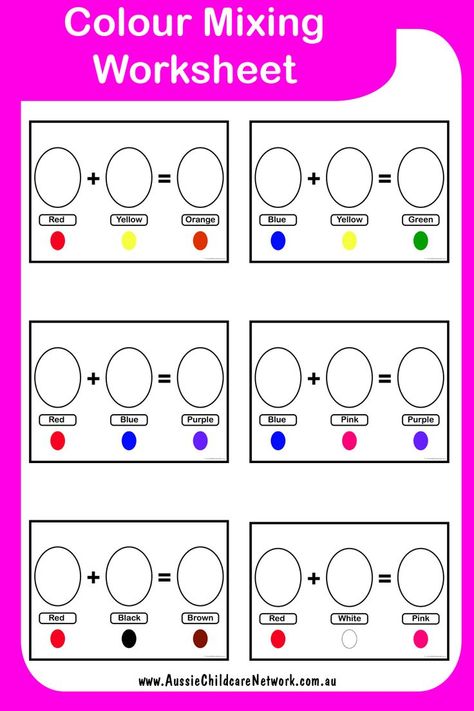 The Colour Mixing Worksheets can be used by children to understand that when 2 colours are mixed together they can create a new colour. Mixing Colours Worksheet, Primary And Secondary Colors Worksheet, Colour Identification Activities, Primary Secondary And Tertiary Colours, Colour Identification Worksheet, Bear Crafts Preschool, Learning Colors Activities, Aussie Childcare Network, Mixing Primary Colors