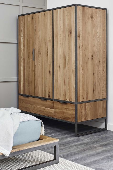 Industrial Wardrobe, Steel Bed Design, Steel Wardrobe, Pine Bedroom, Pine Bedroom Furniture, Iron Furniture Design, Triple Wardrobe, Wood Wardrobe, Diy Wardrobe