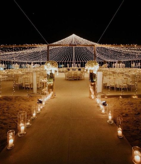 Outdoor Sangeet, Night Beach Weddings, Wedding Installations, Anna Campbell Bridal, Wedding Setup, Dream Beach Wedding, Lights Wedding Decor, Wedding Planning Decor, Celestial Wedding