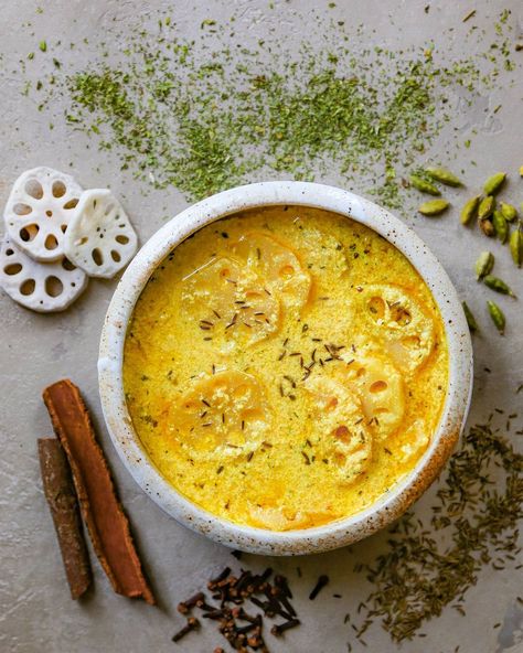 Isabella Akshay on Instagram: “LOTUS STEM YOGURT CURRY // This recipe is inspired by a Kashmiri dish called Nadir Yakkhn, or Nadru Yakhni. Lotus stems are simmered in…” Nadru Yakhni, Lotus Stem Recipe, Onion Paste, Yogurt Curry, Sour Taste, Indian Recipes, Indian Food Recipes, The Heat, Yogurt