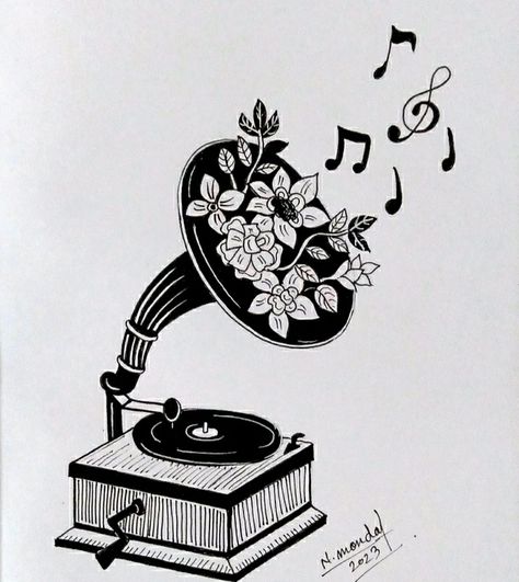 GRAMOPHONE (2023) Pen on 100gsm Paper (8×6 in) Record Player Tattoo, Gramophone Tattoo, Craft Drawing, Painting School, Instagram Drawing, Book Writing, Book Writing Tips, School Art, Record Player