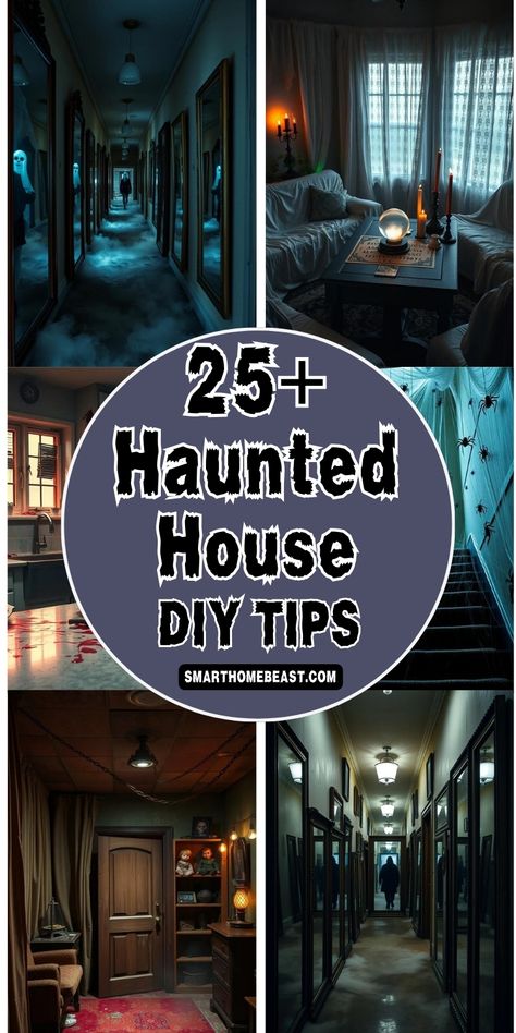 Create a spooky atmosphere with these 25 haunted house DIY tips! From eerie decor to chilling lighting ideas, transform your space into the ultimate fright fest. Perfect for Halloween enthusiasts. Halloween Scary House Ideas, Haunted House Theme Decor, Haunted House Decorations Indoor, Vampire Haunted House Ideas, Haunted House Diy Ideas, Haunted Castle Decorations Diy, How To Make A Haunted House In Garage, How To Make A Haunted House, Haunted Hotel Ideas