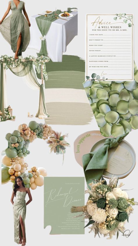 Save free, gold, flowers, game ideas, green petals, sage green backdrops, sage green dresses, platter ideas, and invitation inspiration. Sage Green Theme, Bridal Shower Colors, Green Bridal Showers, Colour Themes, Bridal Shower Inspiration, Colour Theme, Shower Inspiration, Bridal Shower Theme, Color Themes